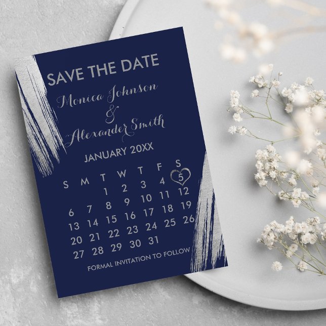 Save The Date Mariage Calendrier des Brochures en argent bleu ma (Navy Blue Silver Brushstrokes Calendar Wedding Save The Date)