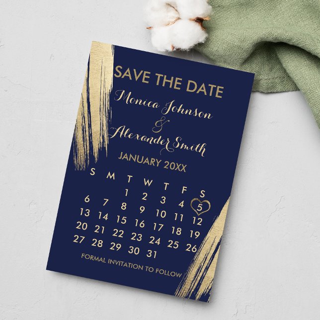 Save The Date Mariage Calendrier des coups de pinceau bleu marin (Navy Blue Gold Brushstrokes Calendar Wedding Save The Date)