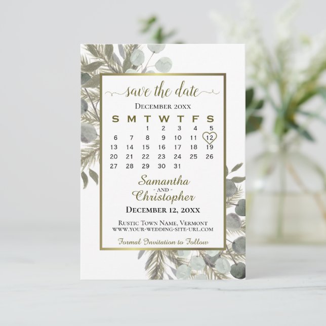 Save The Date Mariage Calendrier Rustique de l'aquarelle Eucalyp (Debout devant)