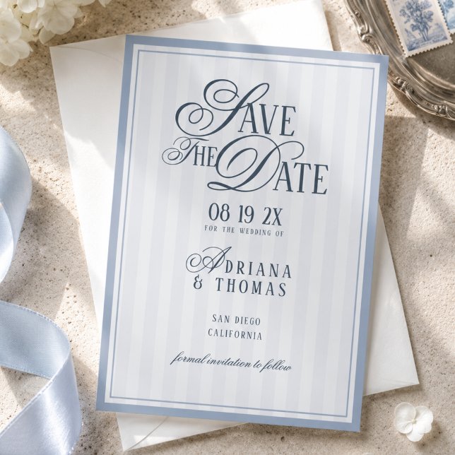 Save The Date Mariage Calligraphié à Rayures Bleu Clair à l'Anci (Créateur téléchargé)