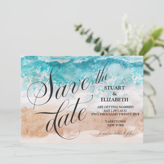 Save The Date Mariage calligraphié aquarelle de plage abstraite  (Debout devant)