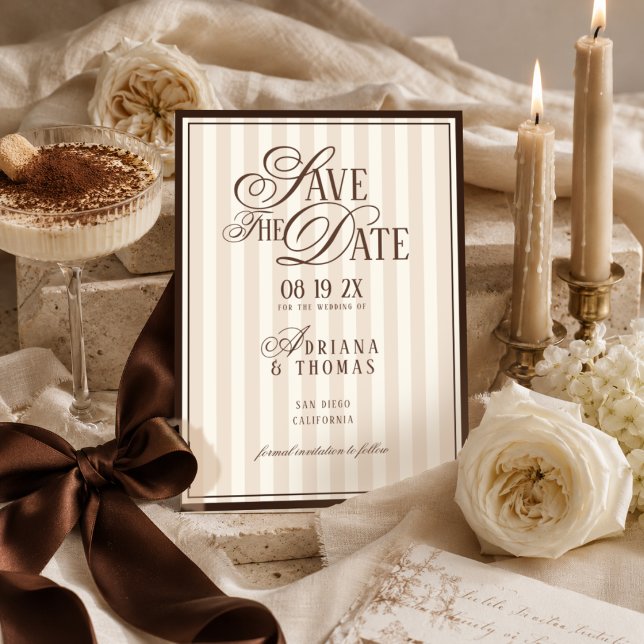 Save The Date Mariage calligraphié argenté rayé ivoire marron (Créateur téléchargé)