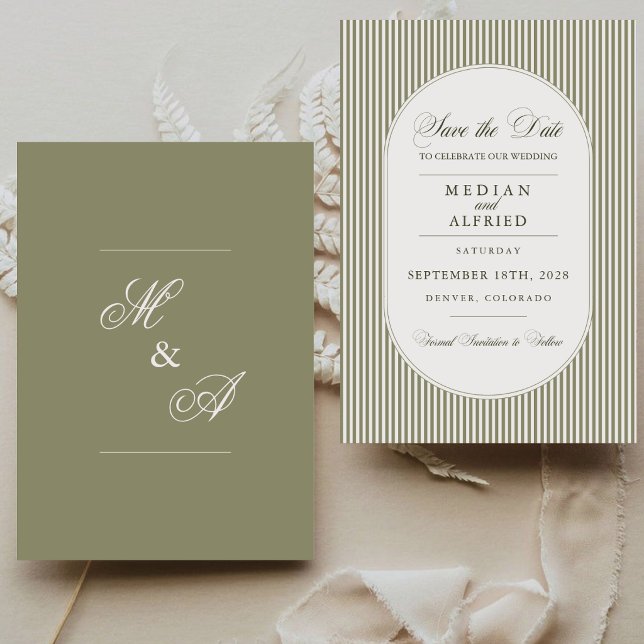 Save The Date Mariage Calligraphié avec Rayure Vert Olive (Créateur téléchargé)