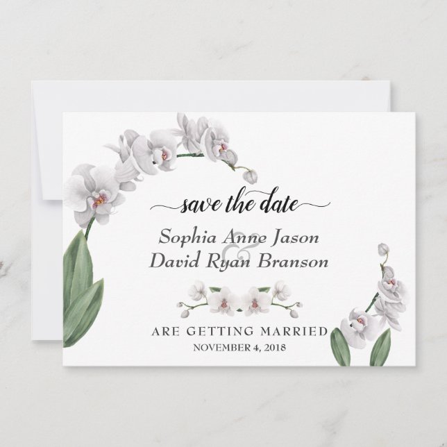 Save The Date Mariage Calligraphie Charm Blanc Orchidée (Devant)