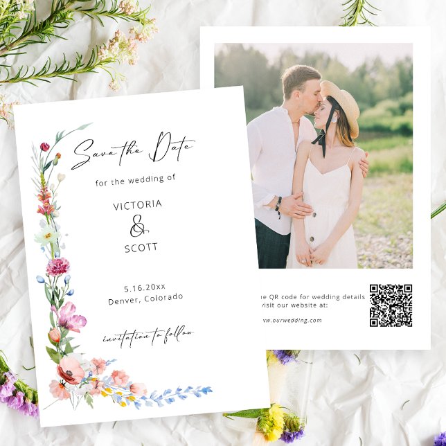 Save The Date Mariage calligraphié de fleurs sauvages aquarelle  (Créateur téléchargé)