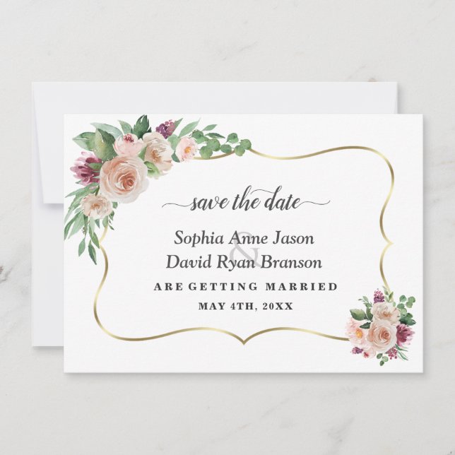 Save The Date Mariage Calligraphie Fleurs Champagne Blush Charme (Devant)
