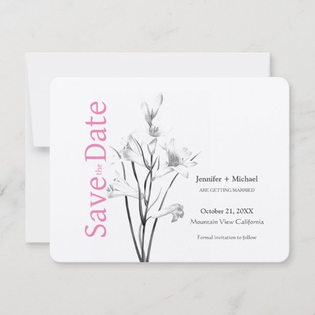 Save The Date Mariage Calligraphie Florale Noir Blanc (Devant)