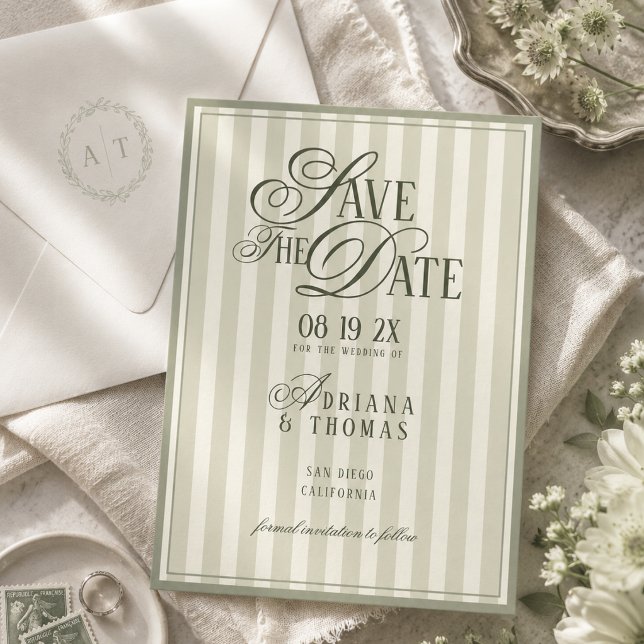 Save The Date Mariage calligraphié vert ivoire rayé à l'ancienne (Créateur téléchargé)