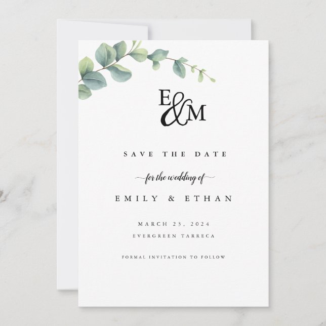 Save The Date Mariage Campagnard à la Verdure d'Eucalyptus (Devant)
