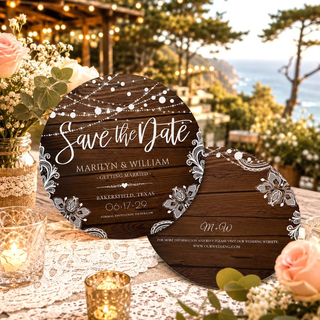 Save The Date Mariage Campagnard avec Bois Rustique et Guirlande (Créateur téléchargé)