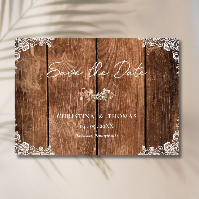 Save The Date Mariage campagnard de dentelle en bois rustique En (Créateur téléchargé)