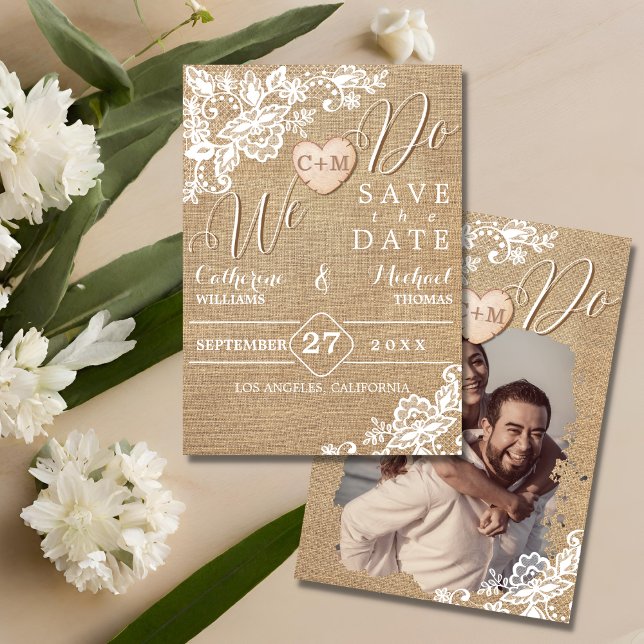 Save The Date Mariage campagnard Rustique Burlap Et Dentelle (Créateur téléchargé)