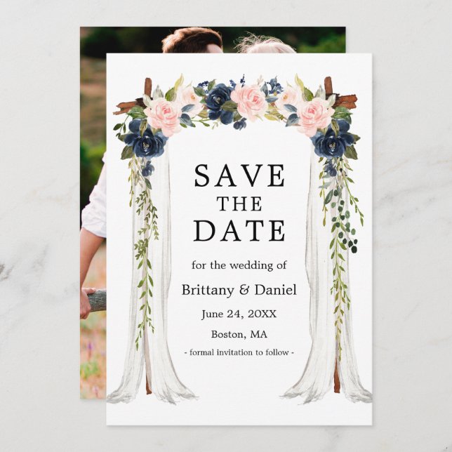 Save The Date Mariage Canopée Photo Rose Dusty Blue Floral (Devant / Derrière)