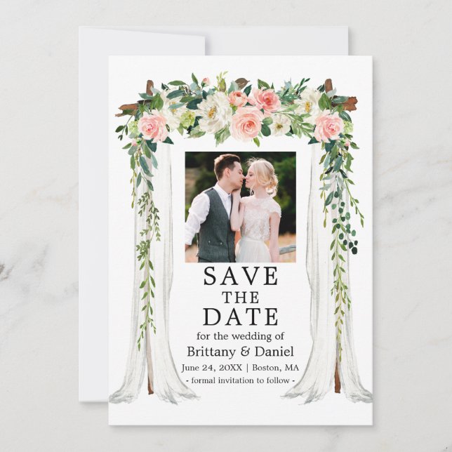 Save The Date Mariage Canopy Aquarelle rose blanc photo florale (Devant)