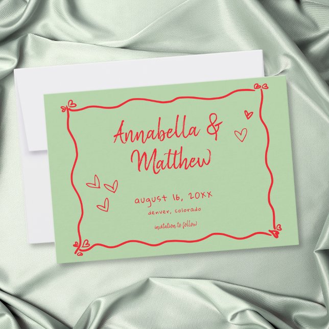 Save The Date Mariage Capriceux à la Main Cœur Vert Rouge  (Green Red Hand Drawn Heart Whimsical Wedding Save The Date)