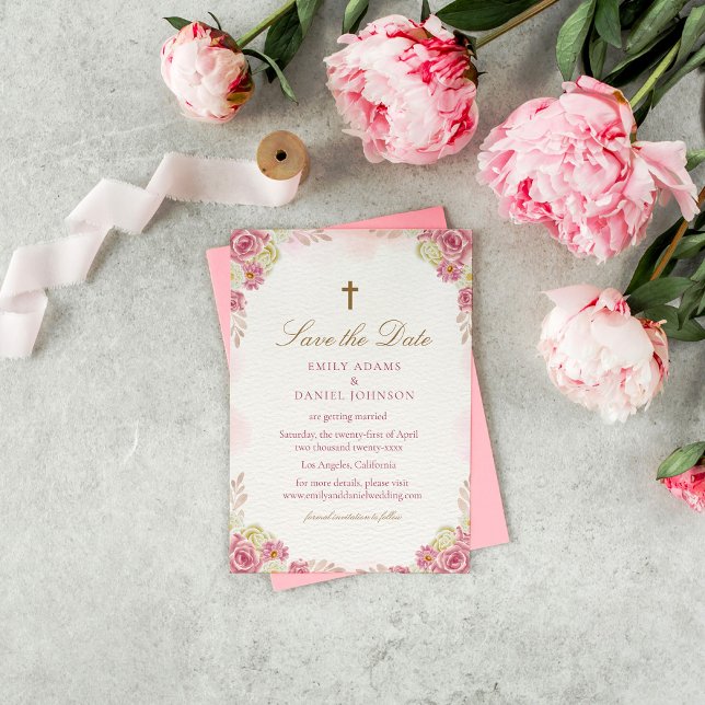 Save The Date Mariage catholique chrétien traditionnel rose (Créateur téléchargé)