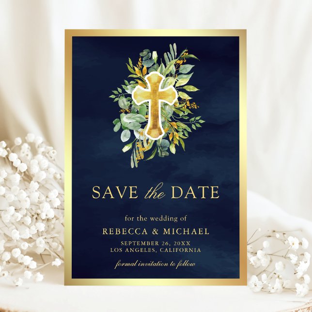 Save The Date Mariage Catholique Vert Foncé Or Bleu Nuit (Créateur téléchargé)