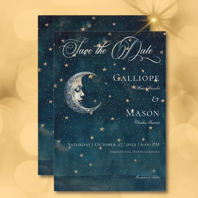 Save The Date Mariage céleste de la lune de croissant bleu de mi (Celestial Midnight Blue Crescent Moon Wedding Save The Date Card)