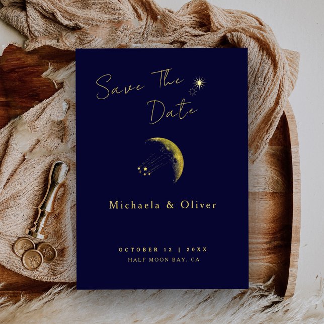 Save The Date Mariage céleste de la lune de croissant bleu or mi (Créateur téléchargé)
