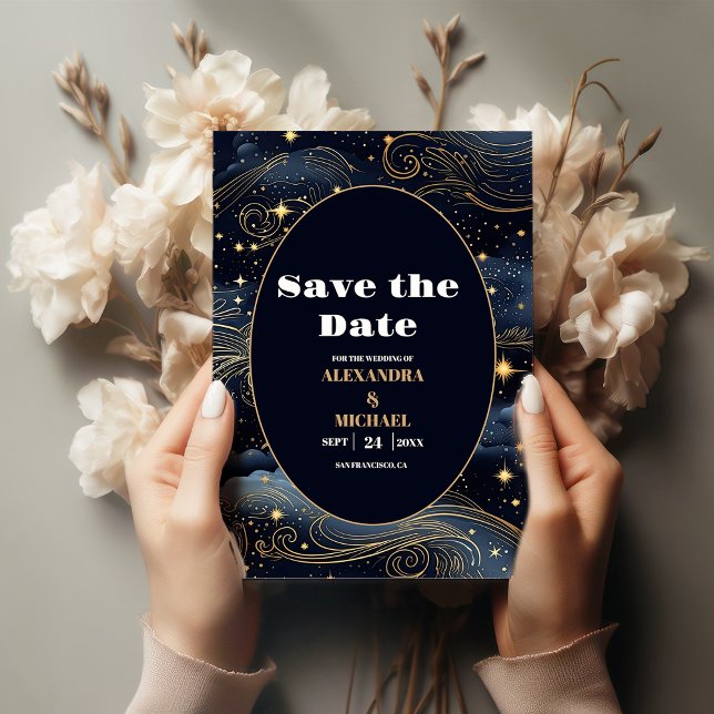 Save The Date Mariage céleste de minuit bleu étoiles de lune (Créateur téléchargé)