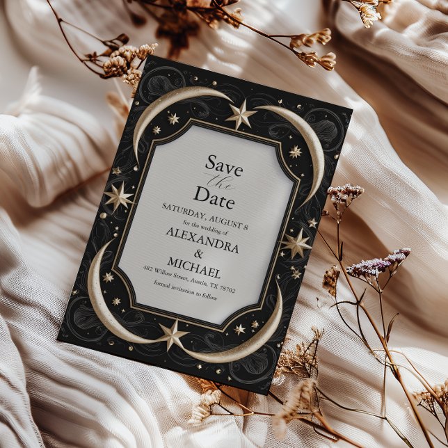 Save The Date Mariage céleste de minuit noir étoiles lune (Créateur téléchargé)