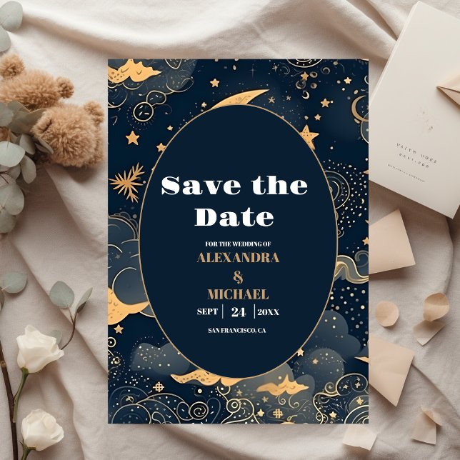 Save The Date Mariage céleste d'or bleu de minuit (Créateur téléchargé)
