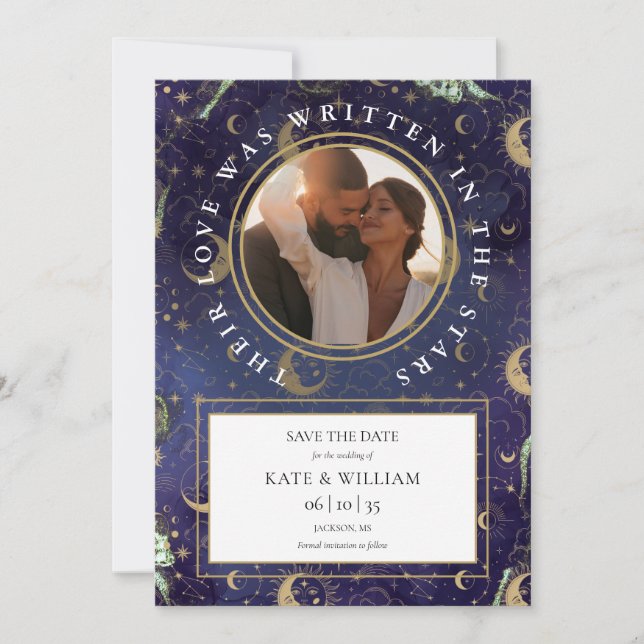 Save The Date Mariage Céleste Écrit Dans Les Étoiles Photo (Devant)
