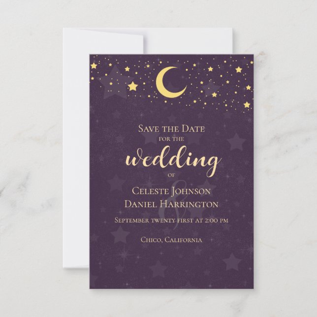 Save The Date Mariage céleste étoiles profondes violettes Lune (Devant)