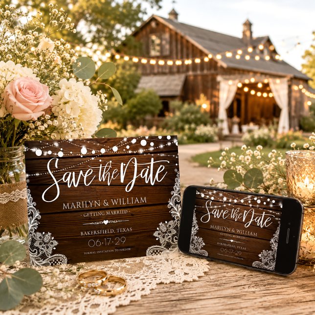 Save The Date Mariage Champêtre avec Bois Rustique et Guirlandes (Créateur téléchargé)