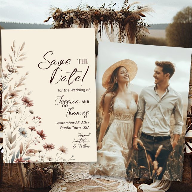 Save The Date Mariage champêtre boho chic avec photo de fleurs s (Front/Back)