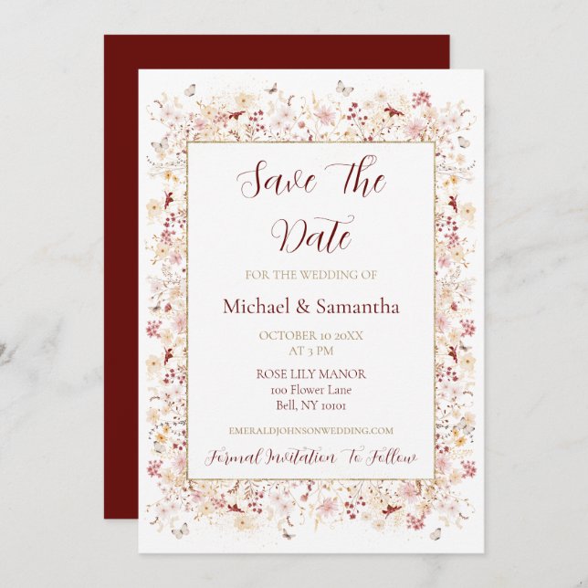 Save The Date Mariage Champêtre de Bourguogne et Blush (Devant / Derrière)