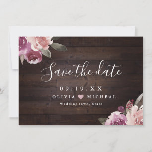 Save The Date Mariage champêtre en bois rustique avec fleurs mau