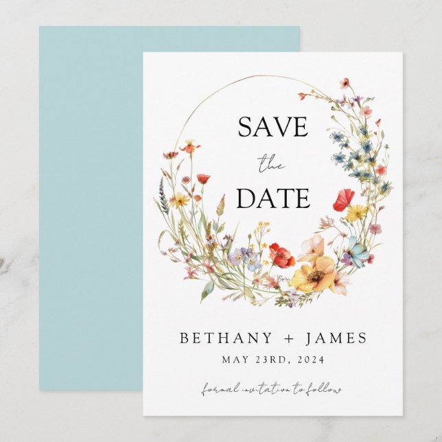 Save The Date Mariage Champêtre Fantaisiste aux Fleurs Sauvages (Devant / Derrière)