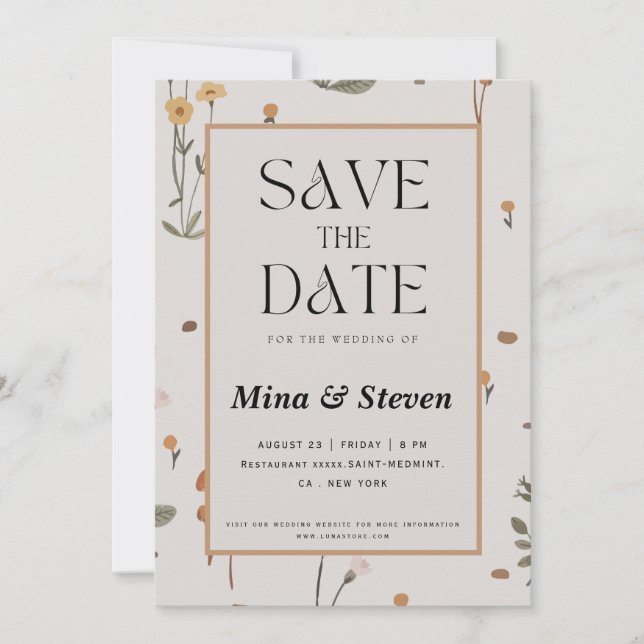 Save The Date Mariage Champêtre Fleur de Beige Bohème (Devant)