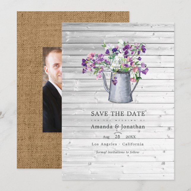 Save The Date Mariage Champêtre Fleur de Pois de Senteur dans un (Devant / Derrière)