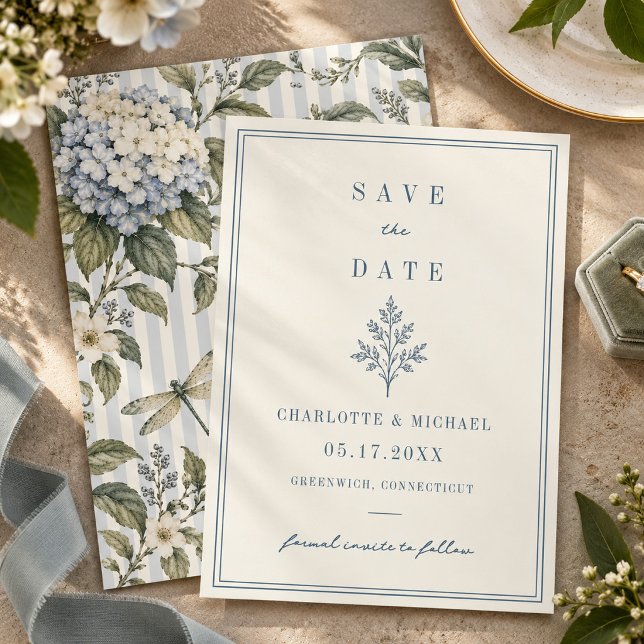 Save The Date Mariage champêtre français Hydrangea Libellule (Elegant blue stripe wedding card framed by watercolor hydrangeas, a dragonfly, and leaf crest.)