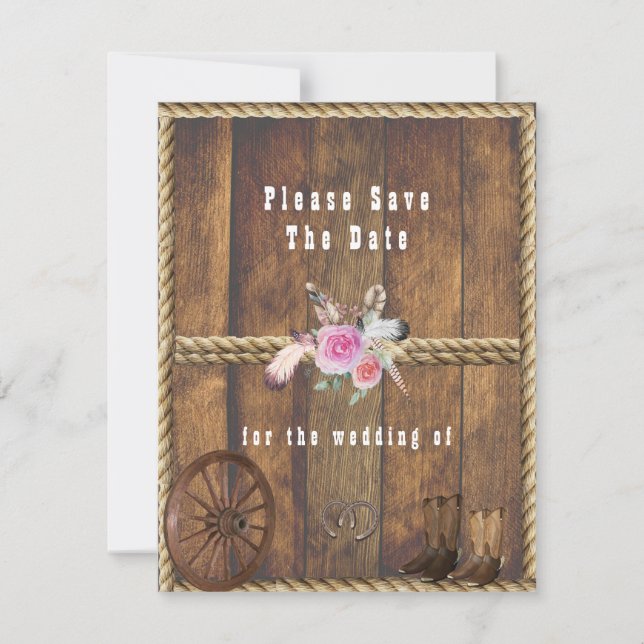 Save The Date Mariage Champêtre Rustique Roses Fers à Cheval Cor (Devant)