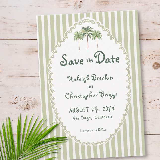 Save The Date Mariage chic côtier au palmier soleil (Coastal Chic Sun Palm Tree Wedding Save The Date)