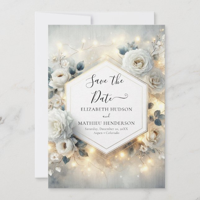 Save The Date Mariage Chic de Roses blanches modifiables (Devant)