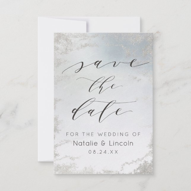 Save The Date Mariage chic Ombre Dusty Blue Frosted Silver Foil (Devant)