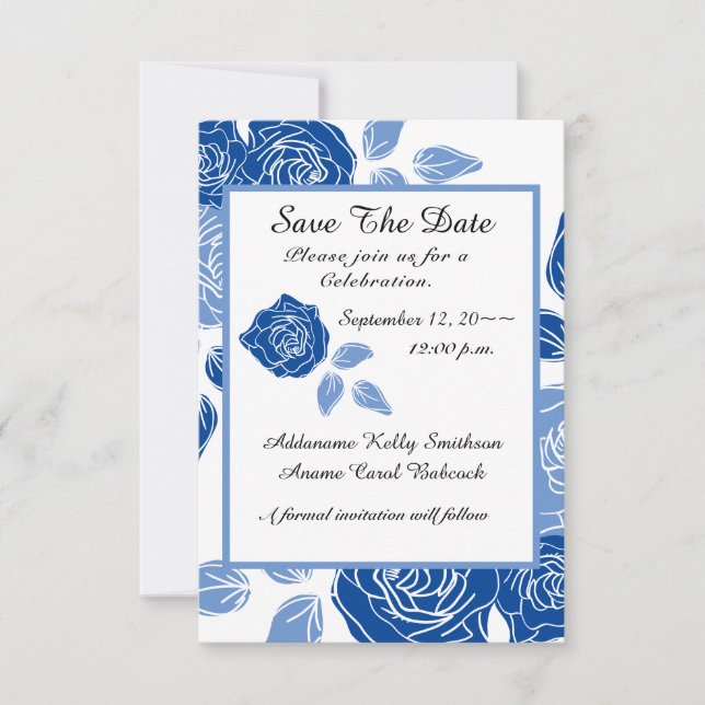 Save The Date Mariage Chic Simple Rose Florale Bleue (Devant)
