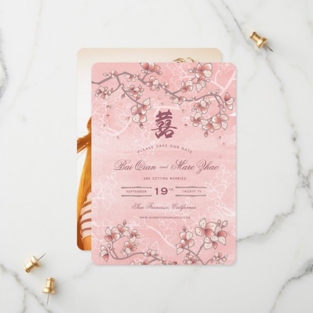 Save The Date Mariage chinois à deux fleurs de pêche (Devant/Arrière en situation)