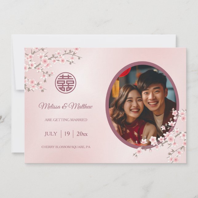 Save The Date Mariage chinois double bonheur cerise fleurs (Devant)