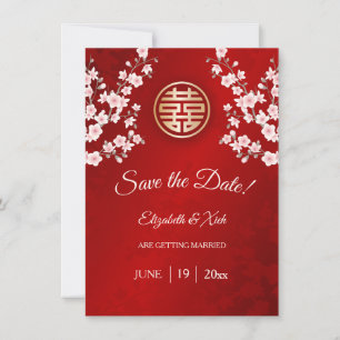 Save The Date Mariage chinois double bonheur cerise fleurs