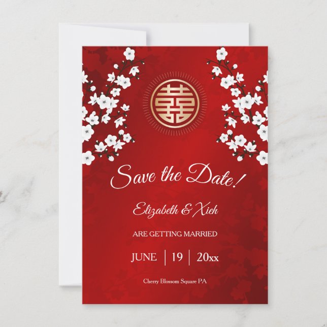 Save The Date Mariage chinois double bonheur cerise fleurs (Devant)