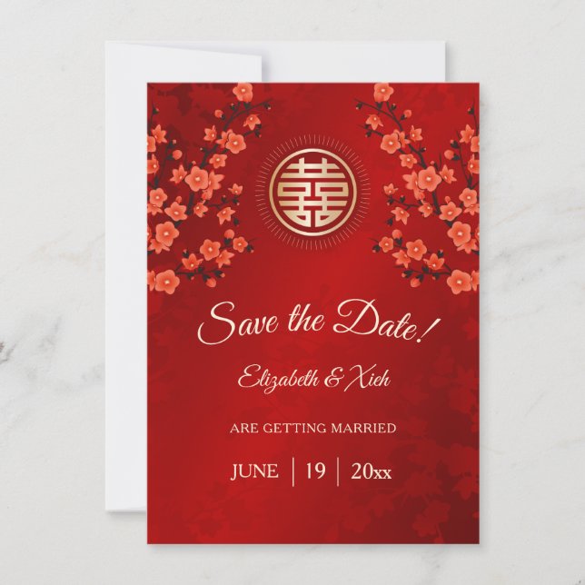 Save The Date Mariage Chinois Double Bonheur Fleur de Cerisier  (Devant)