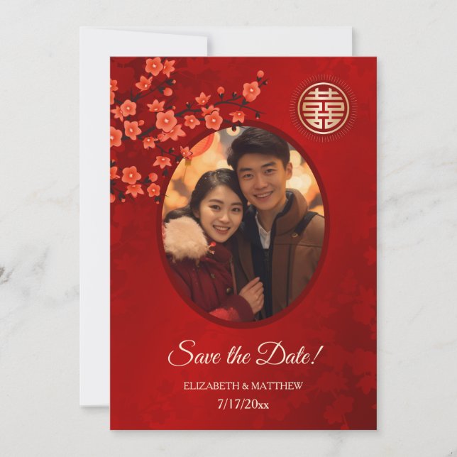 Save The Date Mariage Chinois Double Bonheur Photo Sauvez La Da (Devant)