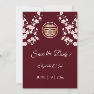 Save The Date Mariage chinois Dusty Pink Maroon Cherry Blossom