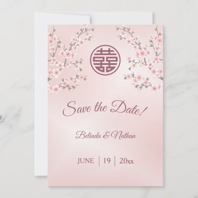 Save The Date Mariage chinois Dusty rose cerise en fleurs (Devant)