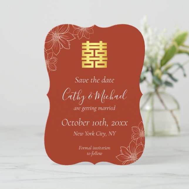 Save The Date Mariage chinois floral moderne rouge bohème (Debout devant)